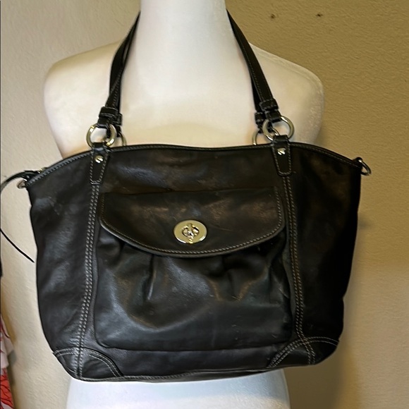 COACH LEAH BLACK DOUBLE HANDEL TOTE LEATHER SHOULDER BAG AUTHENTIC 13172 - Picture 1 of 15